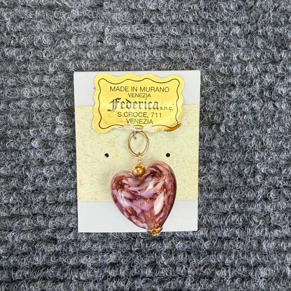 Federica Murano Glass Heart Pendant Purple White Copper Aventurine Venice Italy